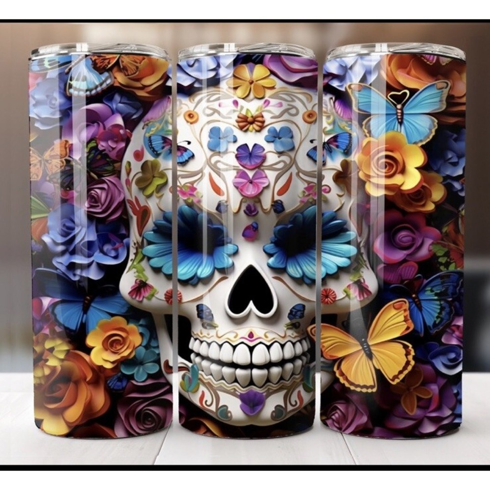 Sugar Skull Day Of The Dead Metal Tumbler 20oz Hot/Cold‎ With Straw